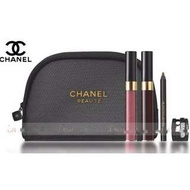 香奈兒Chanel Beaute彩妝專櫃-簡約優雅半透黑色網紗印上金字 化妝手拿收納包 (特價)