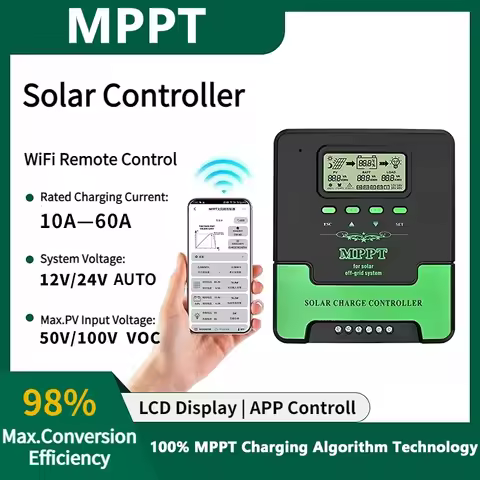 MPPT Solar Charge Controller 12V&24V Auto WiFi Solar Panel Regulator 10A 20A 30A 40A 50A 60A Dual US