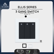Switch Push 3 Gang 1 Way + Glass Frame [SAHN] สวิทช์ไฟแบบกดกระเด้ง 3 ช่อง ทางเดียว รุ่น Ellis Series