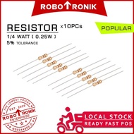 1/4 Watt Resistor 0.25W 5% Tolerance [10pcs] - 220 Ω 330 R 1K Ohm 2K2 4.7K 10K 100K Carbon Firm