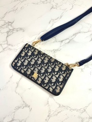 【初夏優惠】中古二手Dior深藍老花單肩側背斜孭揹包長夾小手袋