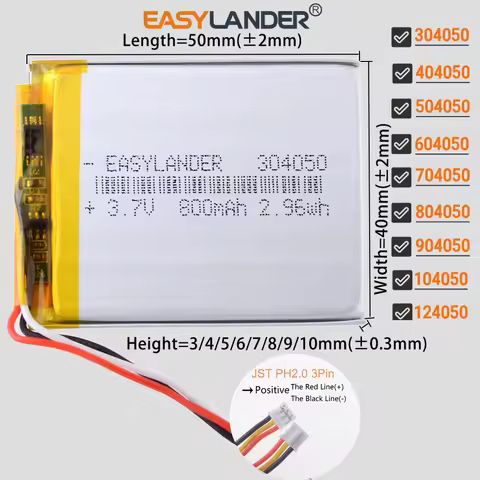 PH2.0mm 3Pin 104050 3.7v 2400mAh Li-Polymer Li-ion Battery Lipo 304050 404050 504050 604050 704050 8