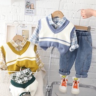 Boys 3piece Set Children Autumn Fashion Checkered Shirt +Knitted V-Neck Color Blocking Tank+Elastic 