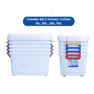 Combo of 5 Duy Tan square plastic containers, capacity 15L, 30L, 55L, 90L, PP plastic - Storage, foo