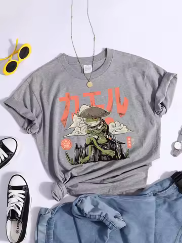The Last Frog Samurai Prints Tshirt All-Match Sport Tshirt Round Neck Hipster Clothes Creativity Ess