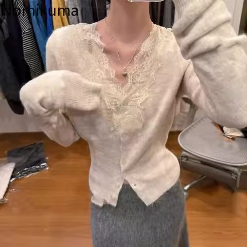 Lace V-neck Knitted Pullovers 2025 Women Clothing Tunic Fashion Sueter Mujer Vintage Korean Pull Fem