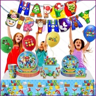 Mario Party holiday decorations Tablecloth Birthday set flag banner tableware disposable balloons plates