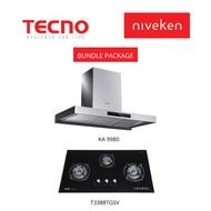 (HOOD + HOB) Tecno KA 9980 / KA9980 (90cm) High-suction Chimney Cooker Hood + Tecno T 3388TGSV / T3388TGSV (90cm) 3-Burner Glass Cooker Hob with Inferno Wok Burner Technology