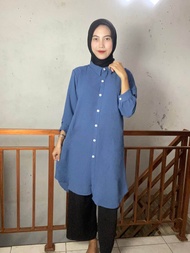 Tunik Basic Crinkle Airflow Wanita Remaja Muslim Polos Kancing Aktif Panjang  Bawah Lutut Kekinian T