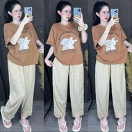 (Hair tie included) Bigsize 60-90kg Set of TC cotton t-shirt with ruffle sleeves + loose polka dot p