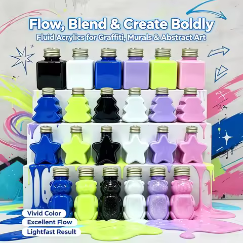 6‑Color 50ml/1.69oz Fluid Acrylic Paint Set, 2 Neon + 4 Standard, Neon Blue, Neon Yellow, Black, Whi