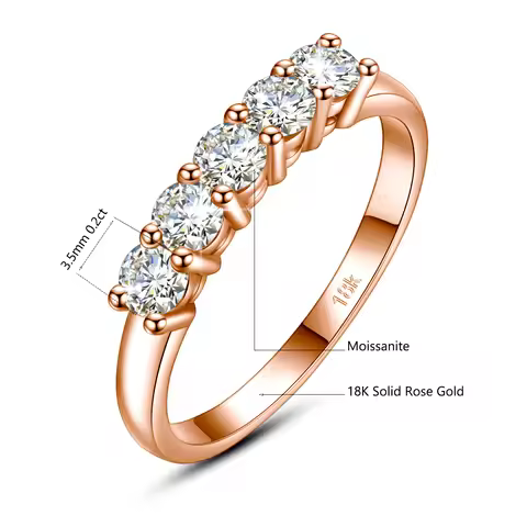 With Certficate 18K Solid Rose Gold Ring For Women 5 Stone AU 750 Luxury Wedding Band Jewelry With S