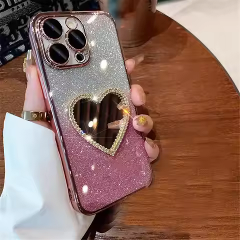 Luxury Gradient Glitter Love Heart Mirror Phone Case For iPhone 15 14 13 12 11 Pro Max Mini XR X XS 