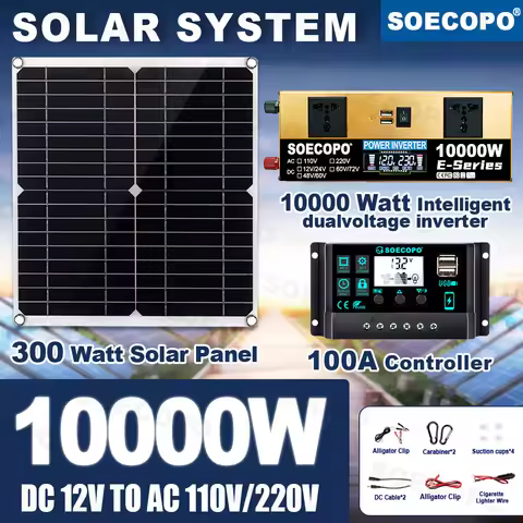 Portable 10000W Peak Solar Kit Complete 12V To 220V 110V Inverter 300W Photovoltaic Panel 100A Contr