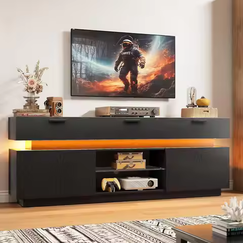Black TV Stand for TVs 85 inch, Entertainment Center with Power Outlets & LED Lights, TV Media Conso
