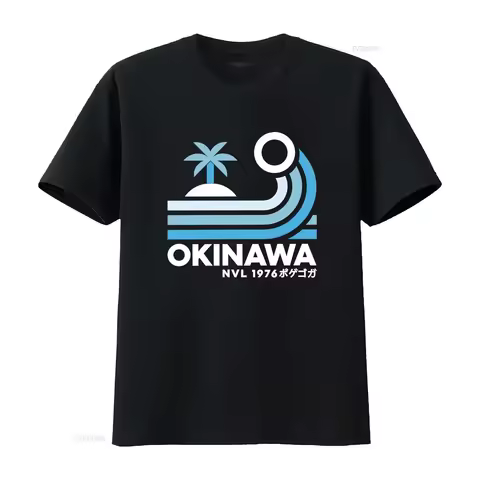Mens Japan Okinawa Retro Style T Shirt with Palm Wave Design and Lettering Print Fashion Streetwear 