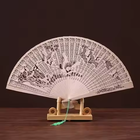 1 Pcs Fragrant Wood Fan Carved Double-sided Hollow Folding Fan Chinese Style Classical Artistic Fan 