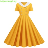 ❥Vintaj Pakaian Pesta❥Hepburn Classy Retro 1950s 60sWomen S Contrasting Color Fashion V-Neck Double-