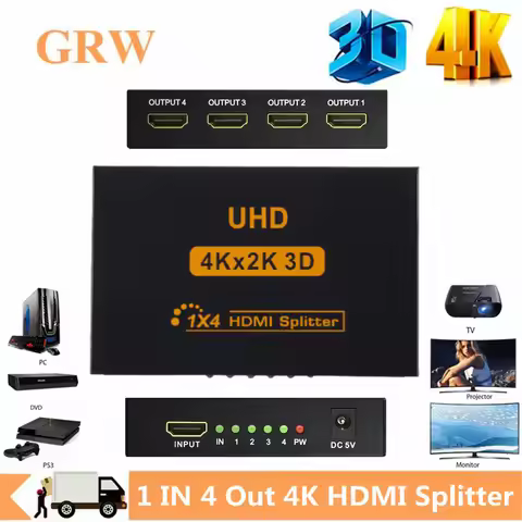 4 Ports HDMI Splitter 1 in 4 Out HDMI Splitter 1x4 With Power Adapter 4Kx2K@30Hz 3D Full HD Distribu