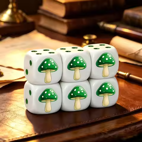 6Pcs Cute Green Mushroom D6 Dice Set for Board Games DND Role Playing Family Game Night MTG Dice Col