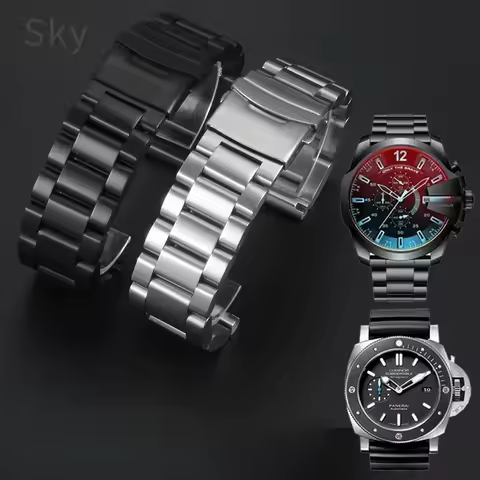 Double Press Buckle Accessories for Panerai Diesel Luminox Solid Thickened Steel Black Men's Replace