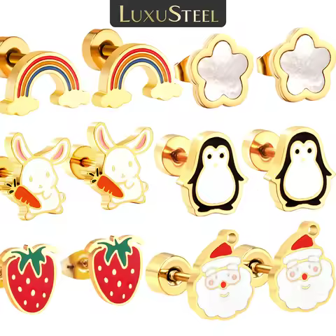 LUXUSTEEL 316L Christmas style Stainless Steel Earrings Golden Plated Cute Animal with Strawberry Pe