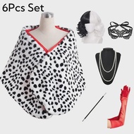Womens Cruella Deville 6 Pieces Short Dalmatian Print Shawl Red Gloves Pearl Necklace Halloween Cost