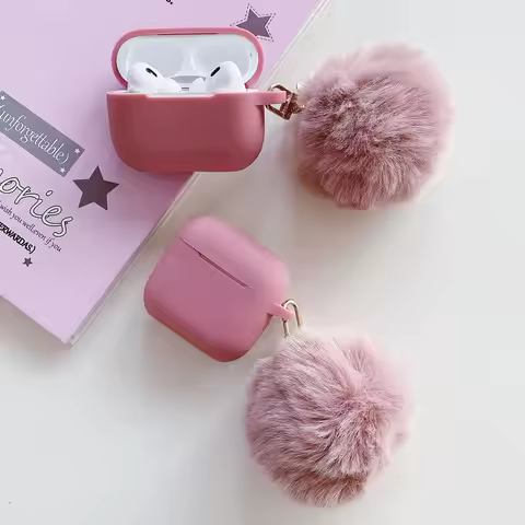Winter Sand Powder Hair Ball Plush Fur Pendant Earphone Case For AirPods 4 ANC AirPod 1 2 3 Pro Pink