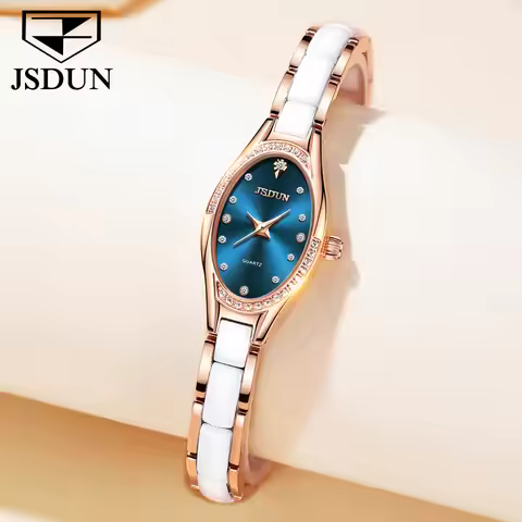 JSDUN Swiss Quartz Watch for Woman Elegant Luxury Rose Gold Ceramics Steel Strap Fashion Oval Diamon