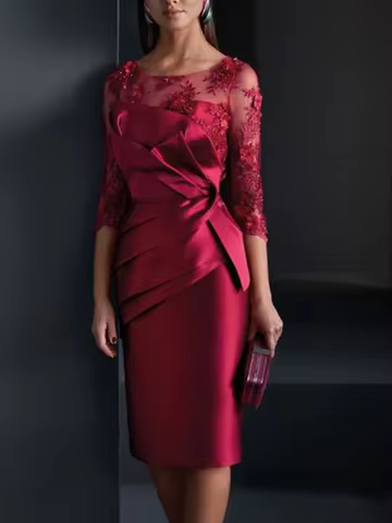 Burgundy Mother of the Bride Dress Elegant Shealth Scoop Satin Flowers 3/4 Sleeve With Appliques Sho