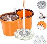 Mop Bucket Spin Self-Wringing Mop and Bucket with Wheels - Extended Adjustable Mop with 2 Extra Microfiber (Onecolor) Anniversary