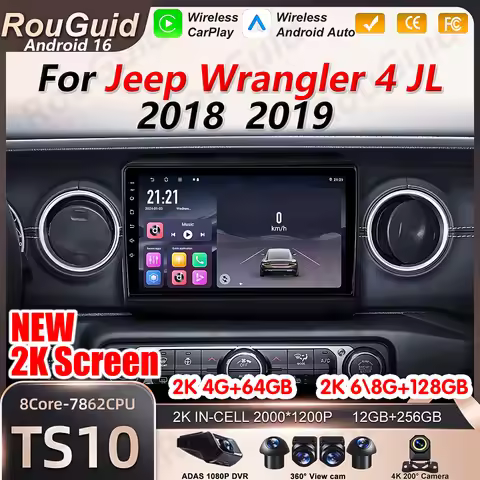 Android 16 Carplay Car Radio For Jeep Wrangler 4 JL 2018 2019 GPS Stereo 2K Screen Video Multimedia 