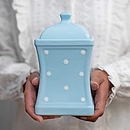 Handmade Light Sky Blue and White Polka Dot Large Ceramic 31.5oz/900ml Kitchen Storage Jar with Lid 