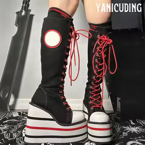 Skeleton Embroidered Canvas Wedge Boots Black Red and White Striped Wedge Heel Platform Knee-High Bo
