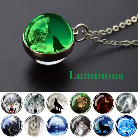 Glow in the Dark Wolf Necklaces Howling Wolf Head and Moon 2CM Glass Ball Pendant Double Sided Neckl