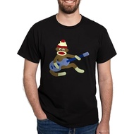 Mens Classic Pattern T-shirt With A Monkey Wearing Socks Playing A Blue Guitar. Cotton, 7. 76 oz.