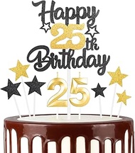 Black Gold 25th Birthday Candles Cake Topper Set, 3D Golden Number 25 Candle for Cakes, Girls Boys 2