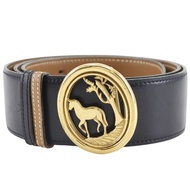 เข็มขัด Hermes หัวเข็มขัดรูปม้า แบบกลับด้านได้ หนังลูกวัวบ็อกซ์คาร์ฟวินเทจ ชุบทอง ปี 1980 สีดำ/น้ำตา