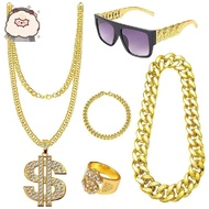 Dollar Sign Necklace Set, 5 PCS Dollar Sign Pendant Necklace Ring Set, 80s 90s Hip Hop Costumes Kit 