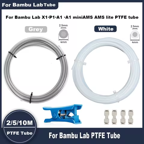 PTFE Tube 2.5mm x 4mm 5M for Bambu Lab X1/X1C/P1P/P1S/A1/A1 mini/AMS/AMS lite with Cutter Connectors