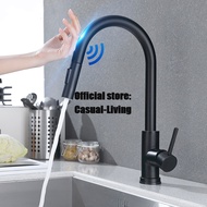 Matte Stainless Steel Kitchen Sink Faucets Mixer Tap Crane Smart Touch Sensor Pull Out Hot Cold Water Mixer Black
