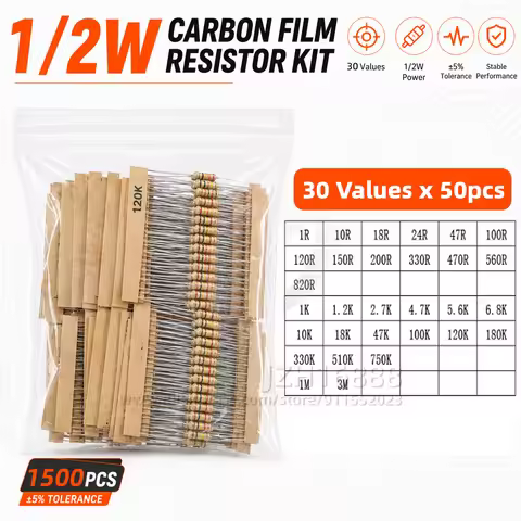 Carbon Film Resistor Kit 1/8W 1/4W 1/2W 1W 2W 3W 5W 5% 4 Band Through Hole Axial Lead Resistor DIY E