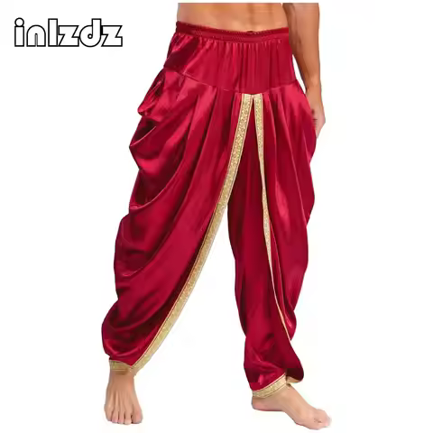 Men Satin Dhoti Pants Casual Elastic Waistband Draped Baggy Trousers for Vacation Theme Party Cultur