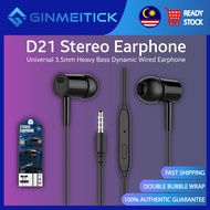 D21 Stereo Earphone Universal 3.5mm Heavy Bass Dynamic In-ear Wired Earphone
