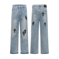 LFB9 Chrome Hearts Four Seasons Cross Embroidered Leather Jeans Couple Style