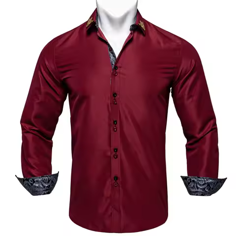 Classic Burgundy Man's Shirt Button Turn-Down Collar Shirts For Men Causal Long Sleeve Fashion Wine 