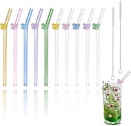 Reusable Glass Straws with Ribbon Charms, Colorful Cute Bow Shaped Charm Glass Straw with Cleaning B