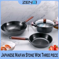 Kitchen Japanese Maifan Stone Wok Three-piece Cast Iron Cookware Set  厨房日式麦饭石炒锅三件套铸铁锅具套装家用不粘锅