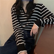 Msia Ready Stock🔥T2308 Korean Collar Striped Knitted Shirt
