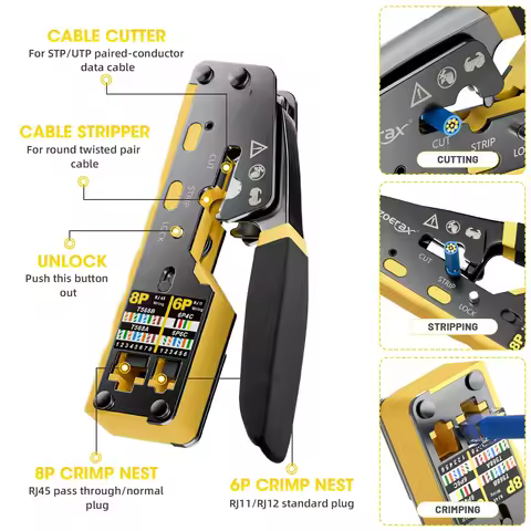 RJ45 Crimp Tool Pass Through Ethernet Crimping Tool for Cat6 Cat5 Cat5e RJ45 Connectors with Replace